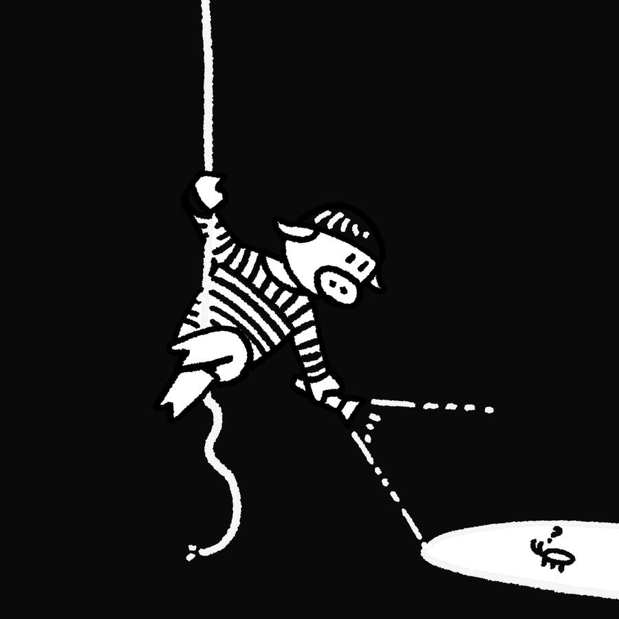 A heist pig descending a rope in a dark space, using a flash light to illuminate a small bug