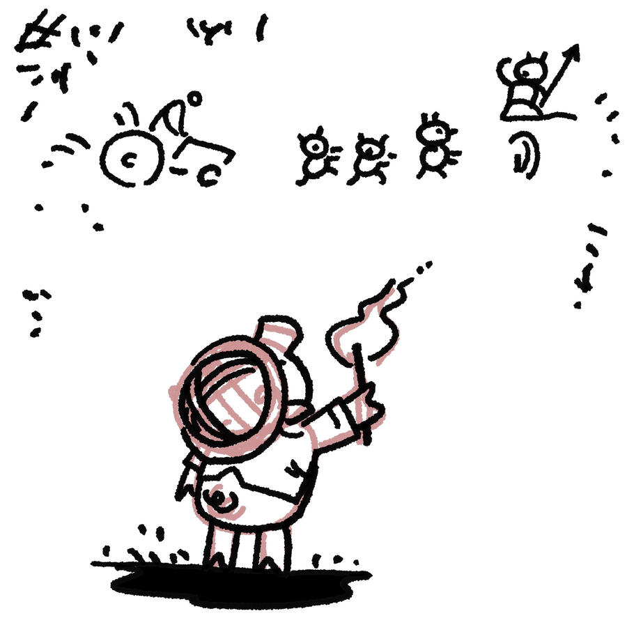 A pig in an explorers hat, holds up a torch to illuminate small drawings on a wall, of a pig leading a pig revolution while being chased by an old dude on a mower