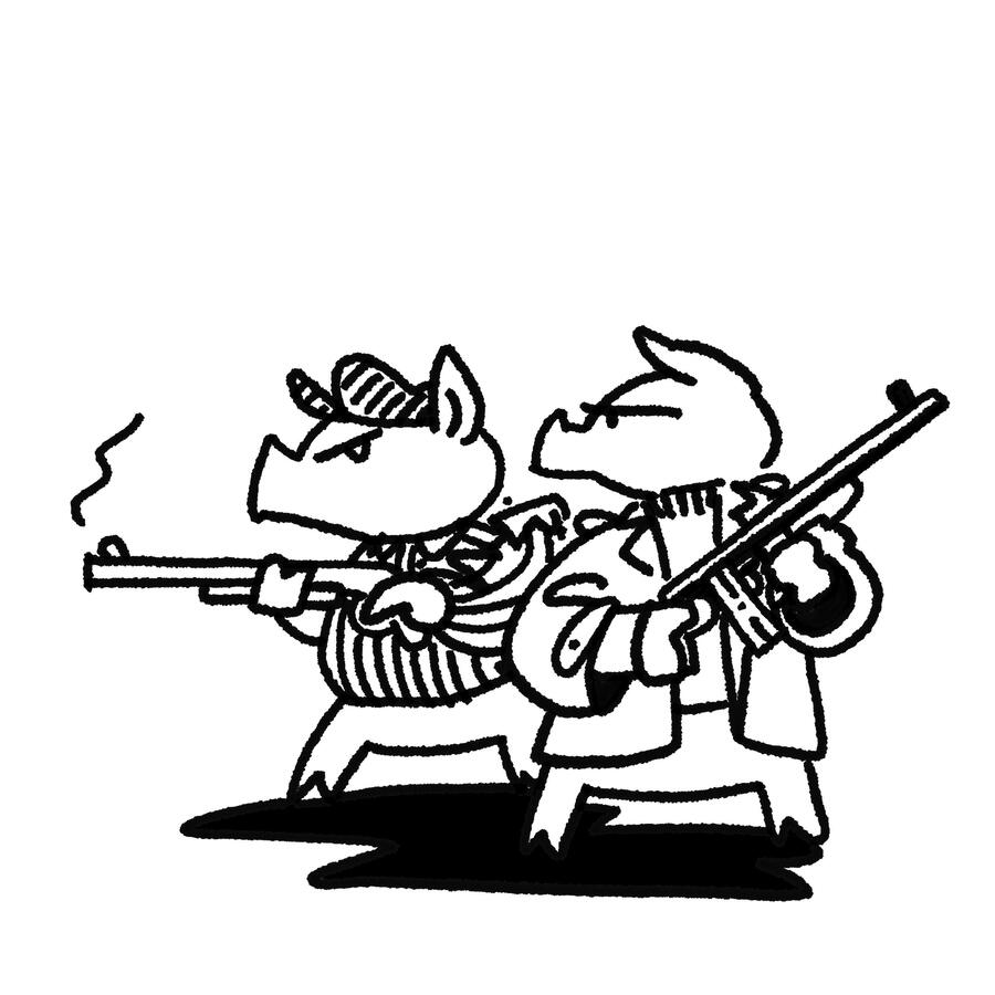 Two pig revolutionaries, looking deadly serious, holding shotguns in cool action poses, one barrel still smoking